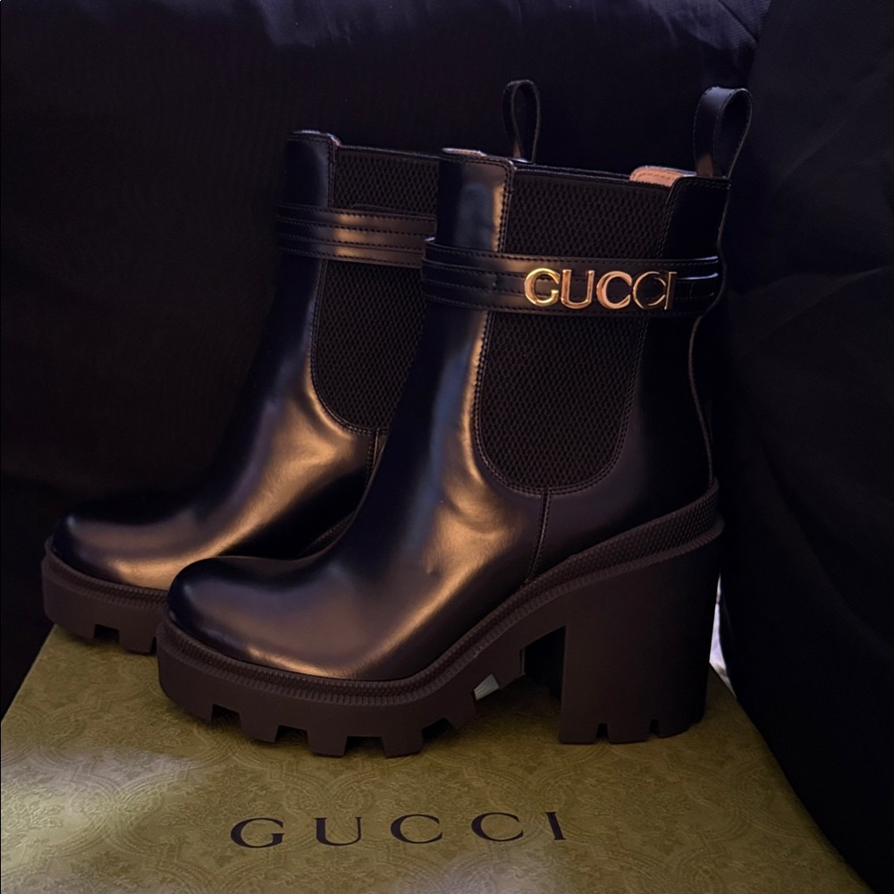 Gucci Black Heeled Boots with Gold Accent